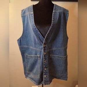 Vintage Denim Vest 90s Oversized Utility Jean Vest Medium Blue Cotton